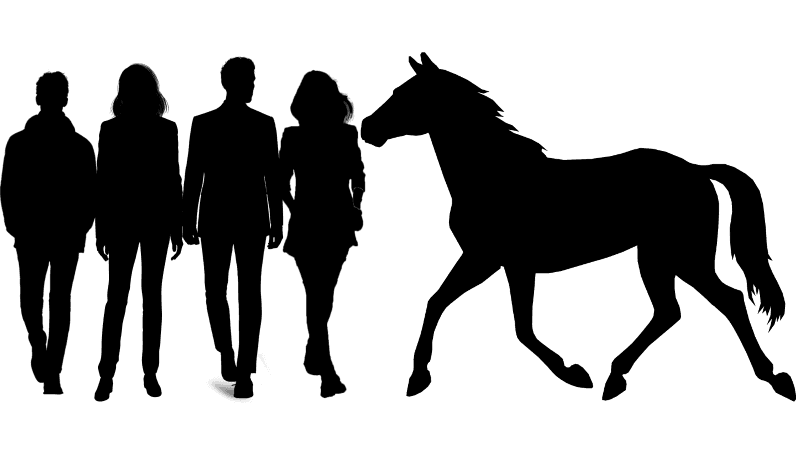 four persons next to a horse icon